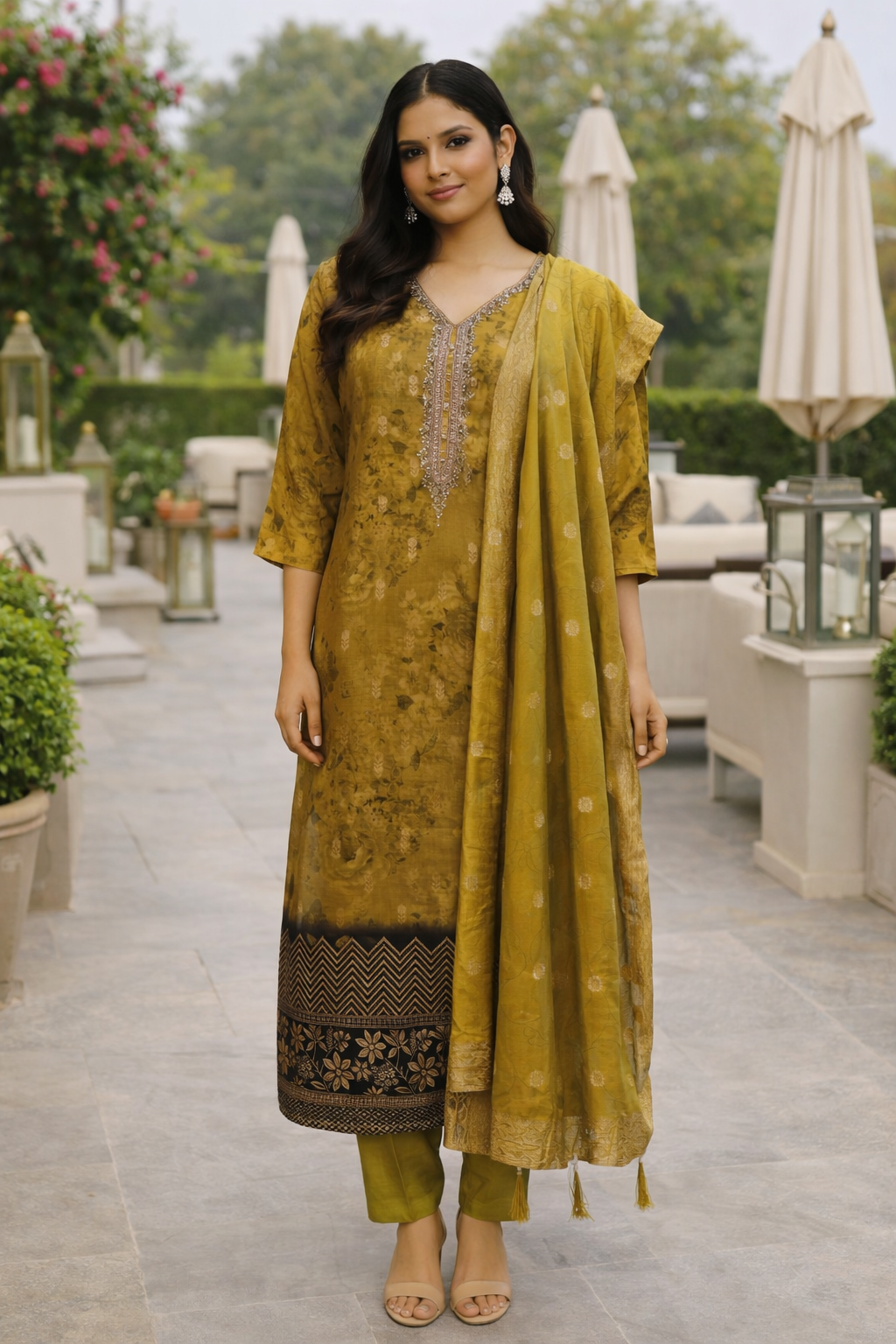 Olive Gold Silk Straight Kurta Set with Printed Hem & Dupatta